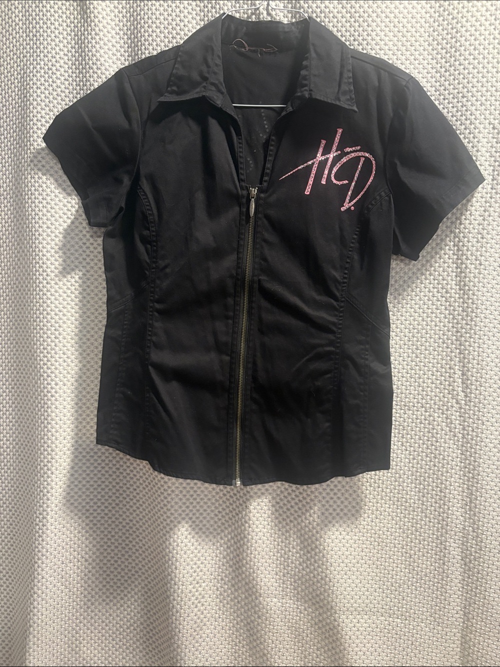 Harley-Davidson Black Short-Sleeve Zip-Up Top with Pink HD Logo